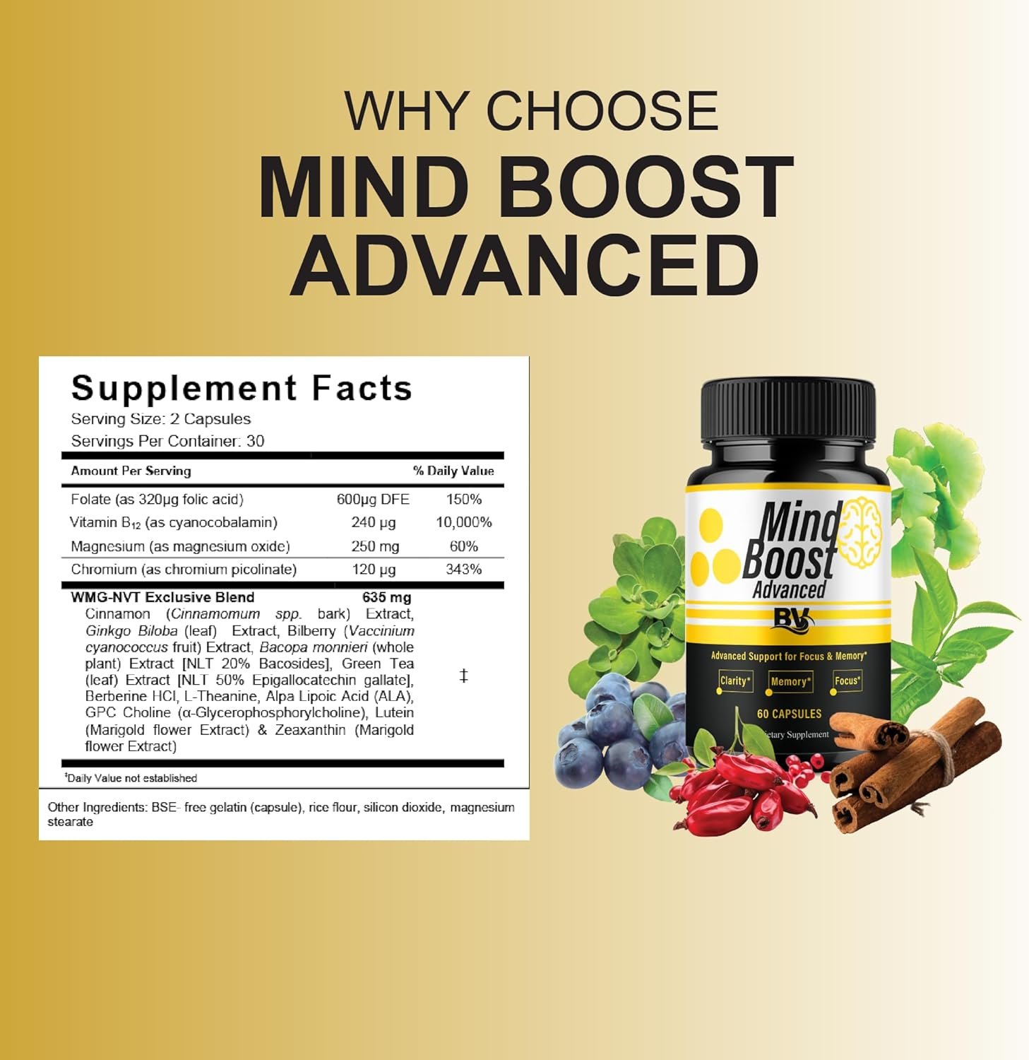 BLUE VIBE Mind Boost Premium Health & Wellness Nootropic Supplement, MindBoost Advanced All Natural Health Management & Overall Wellness Support Supplement Formula Pills (2 Pack - 120 Capsules) - Image 2