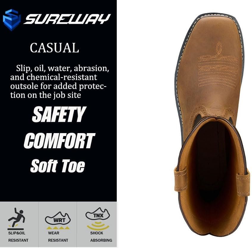 SUREWAY Cowboy Boots For Men - Mens Square Toe Embroidery Western Boot,Oil/Slip Resistant,Durable Classic Pull on 10 Inch Wellington Boots - Soft Toe Full Grain Leather Work Boots - Image 5