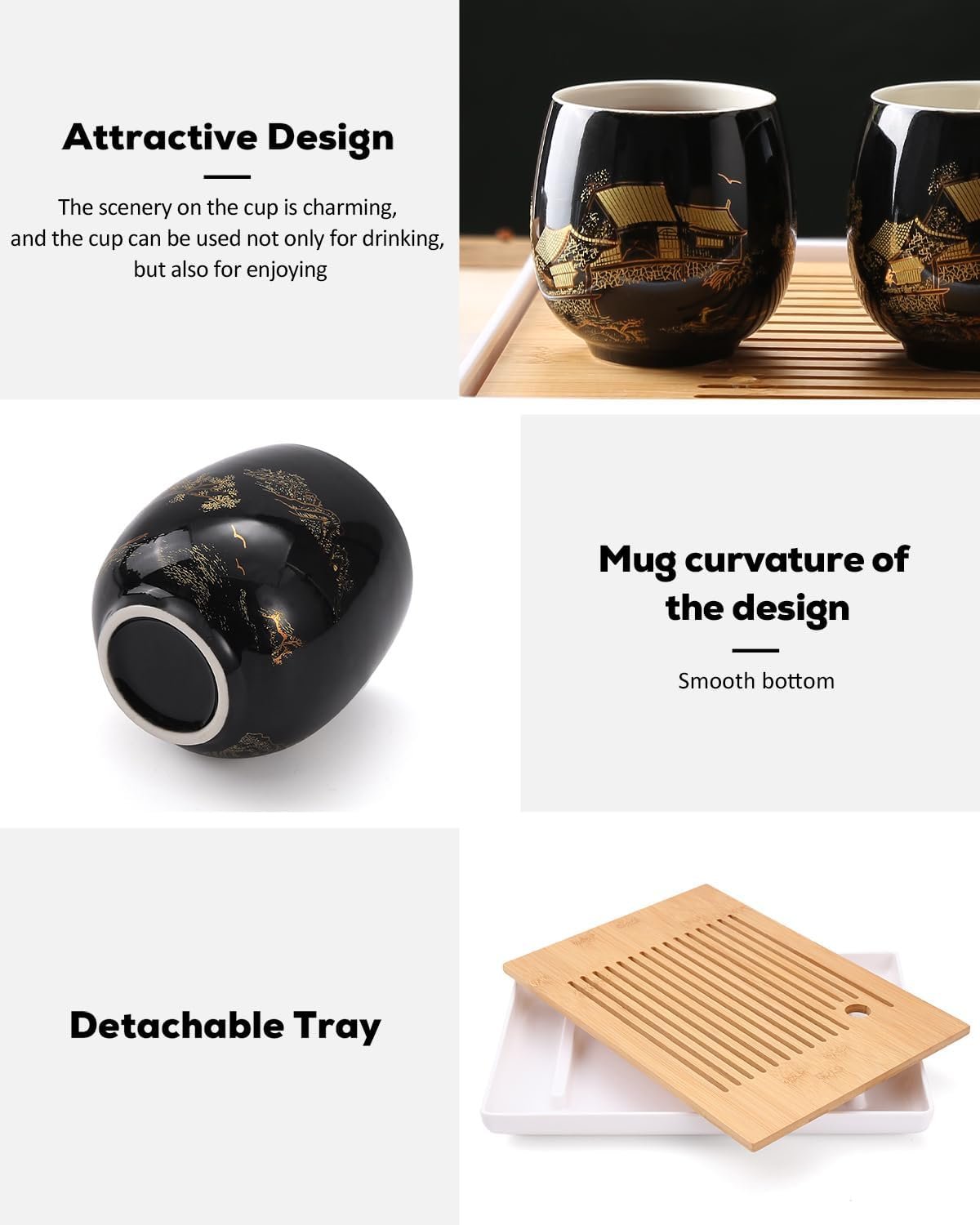 Dujust Japanese Tea Set, Black Porcelain Tea Set with 1 Teapot Set, 6 Tea Cups, 1 Tea Tray, 1 Stainless Infuser, Beautiful Asian Tea Sets for Adults, Tea Lover/Women/Men (Countryside in Golden) - Image 4