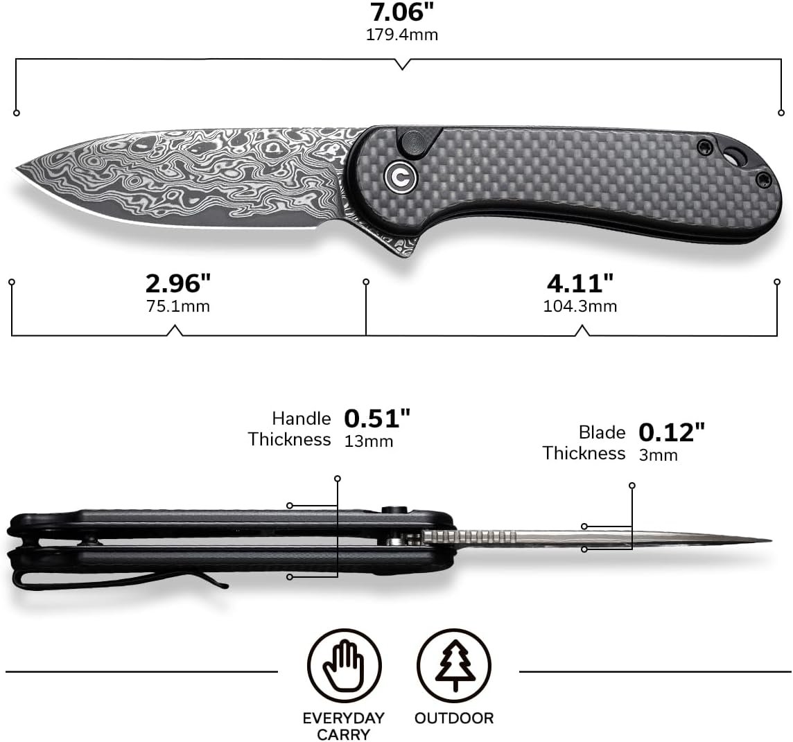 CIVIVI Elementum II Pocket Folding Knife, 2.96" Damascus Blade Utility Knife with Deep Carry Pocket Clip for EDC C18062PB-DS1 - Image 7