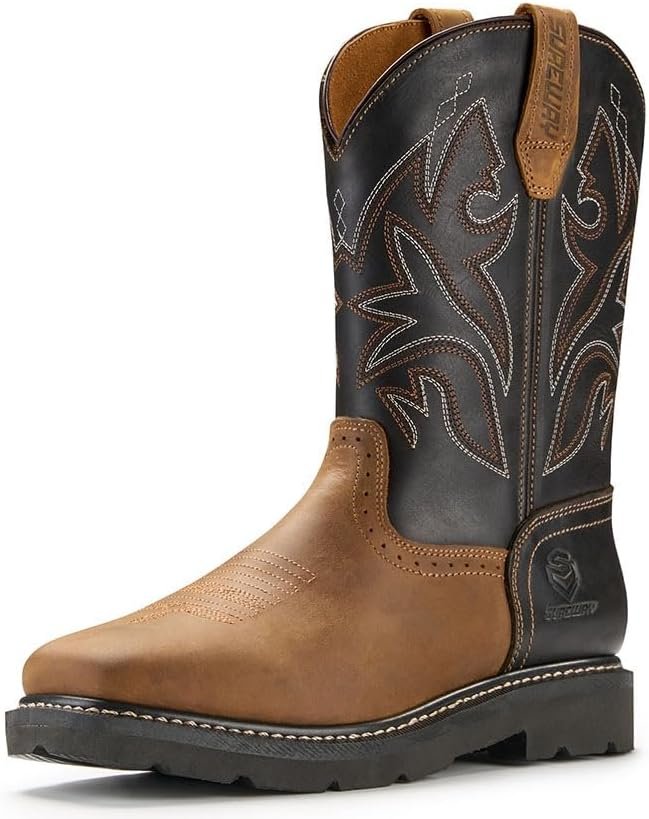 SUREWAY Cowboy Boots For Men - Mens Square Toe Embroidery Western Boot,Oil/Slip Resistant,Durable Classic Pull on 10 Inch Wellington Boots - Soft Toe Full Grain Leather Work Boots