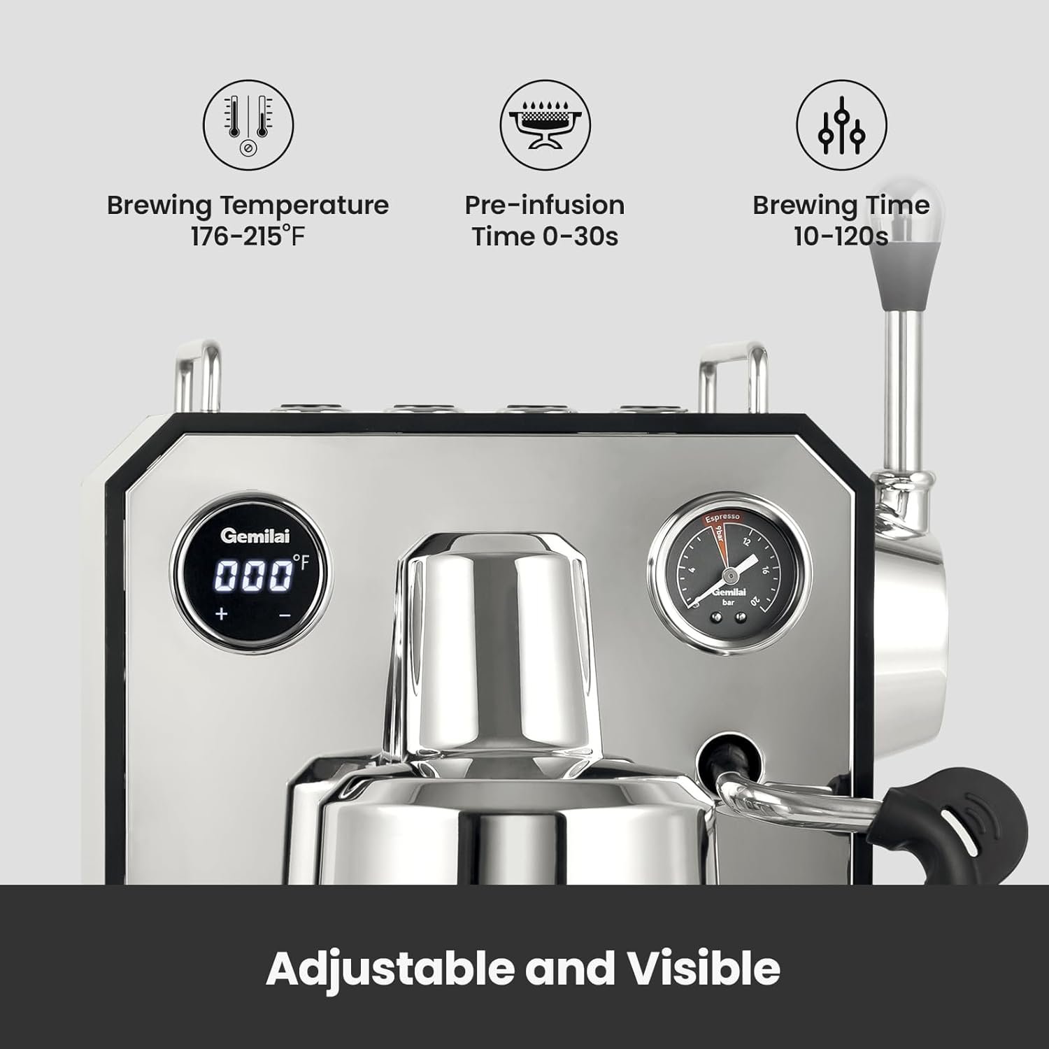 Gemilai Owl Espresso Machine, 15 Bar Professional Semi-Automatic Espresso Maker with Milk Frother Steam Wand & 57oz Removable Water Tank, Dual Display, for Cappuccino, Latte, G3006, Stainless Steel - Image 4
