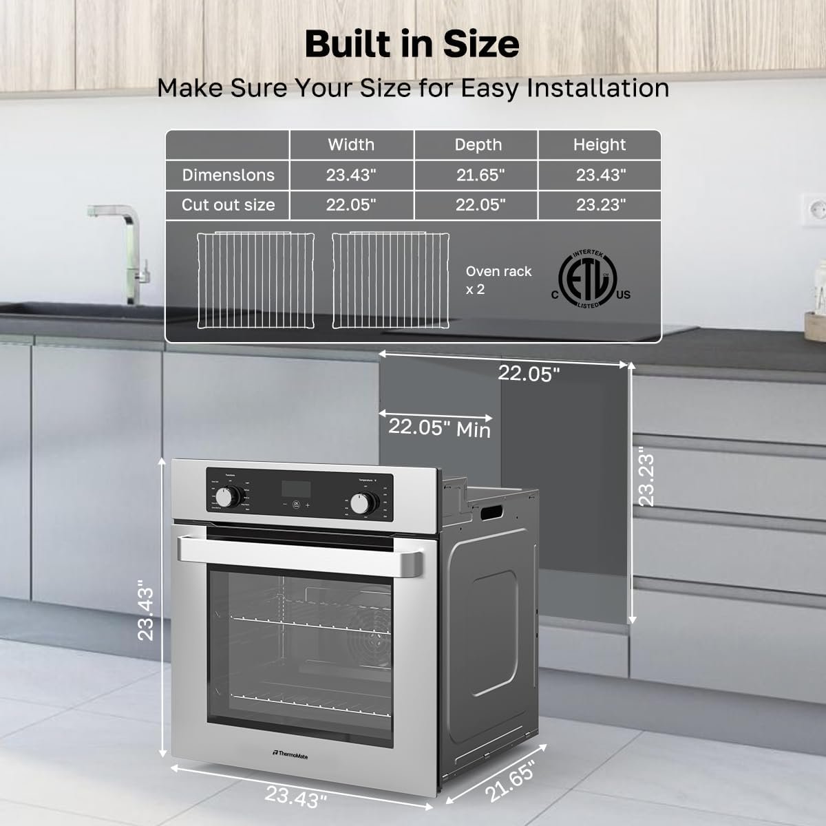 24 Inch Electric Wall Oven, ETL Certified, ThermoMate Built-in Oven with 2.6 Cu.ft Capacity, 9 Working Functions, Sensor Touch Control, Anti-Mistouch Knob, Stainless Steel - Image 7