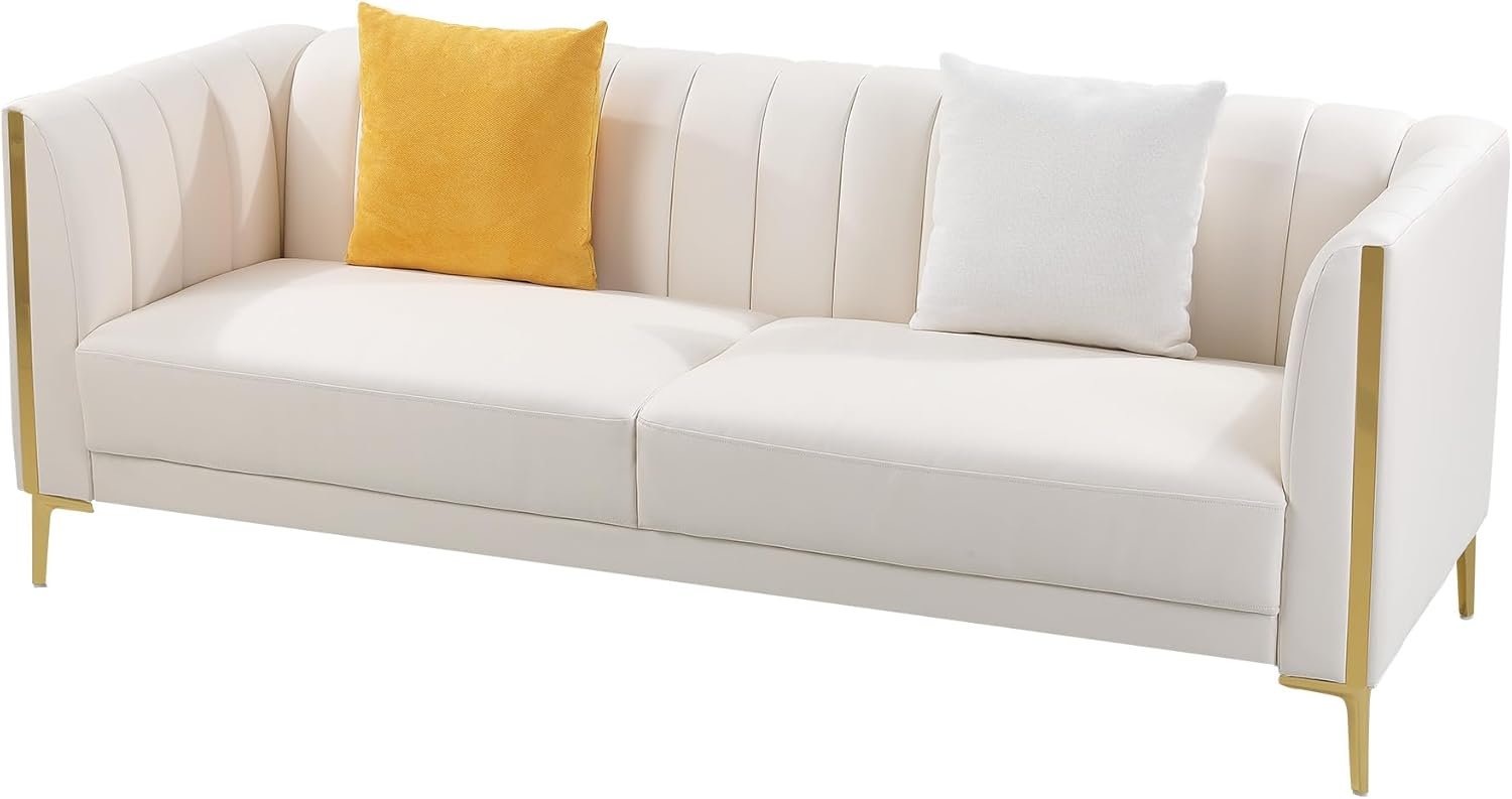 FOTOSOK 78'' Couch Sofa, Modern White Couches for Living Room with 2 Throw Pillows, Comfy Faux Leather Sofa 3 Seater with Gold Metal Legs, Cloud Sofas Couch Deep Seat Sofas (Cream White) - Image 8
