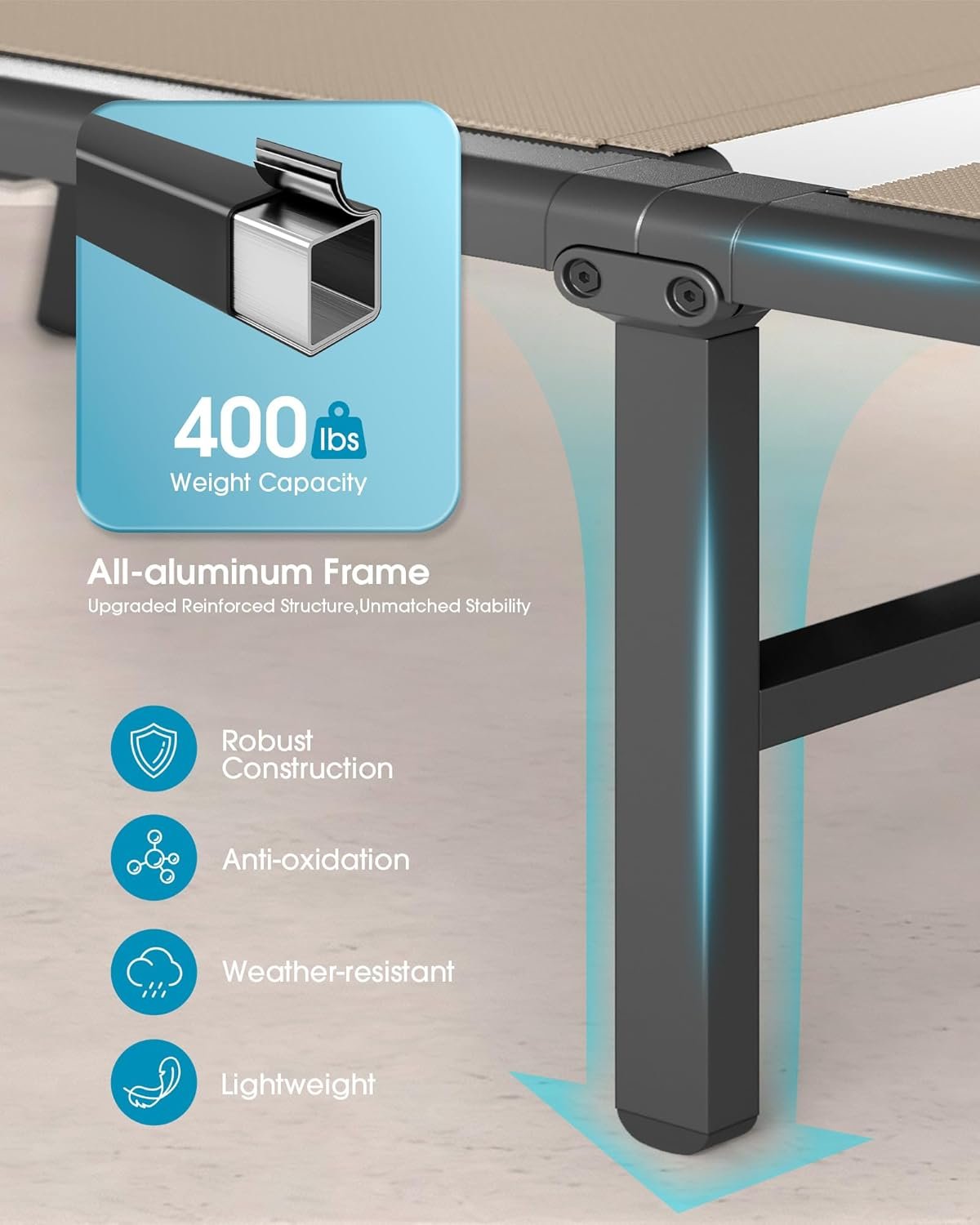 Ciokea Foldable Outdoor Lounge Chair, No Assembly Patio Chaise Lounge Outdoor with 5-Positions, Aluminum Pool Lounge Chair with Portable Design for Pool, Beach, Deck, Backyard, Khaki - Image 4