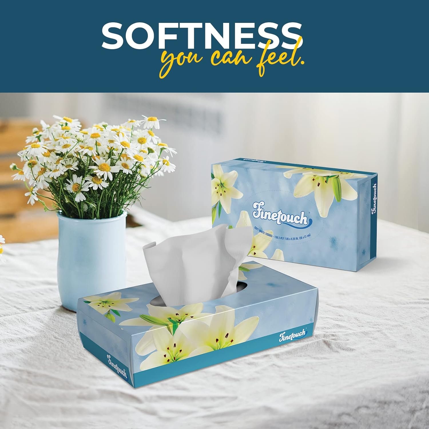 Finetouch 2-Ply Facial Tissues – 6 Boxes of 130 Soft Tissues (780 Total) – Strong & Gentle Tissue for Home, Office, or Travel Use - Image 3