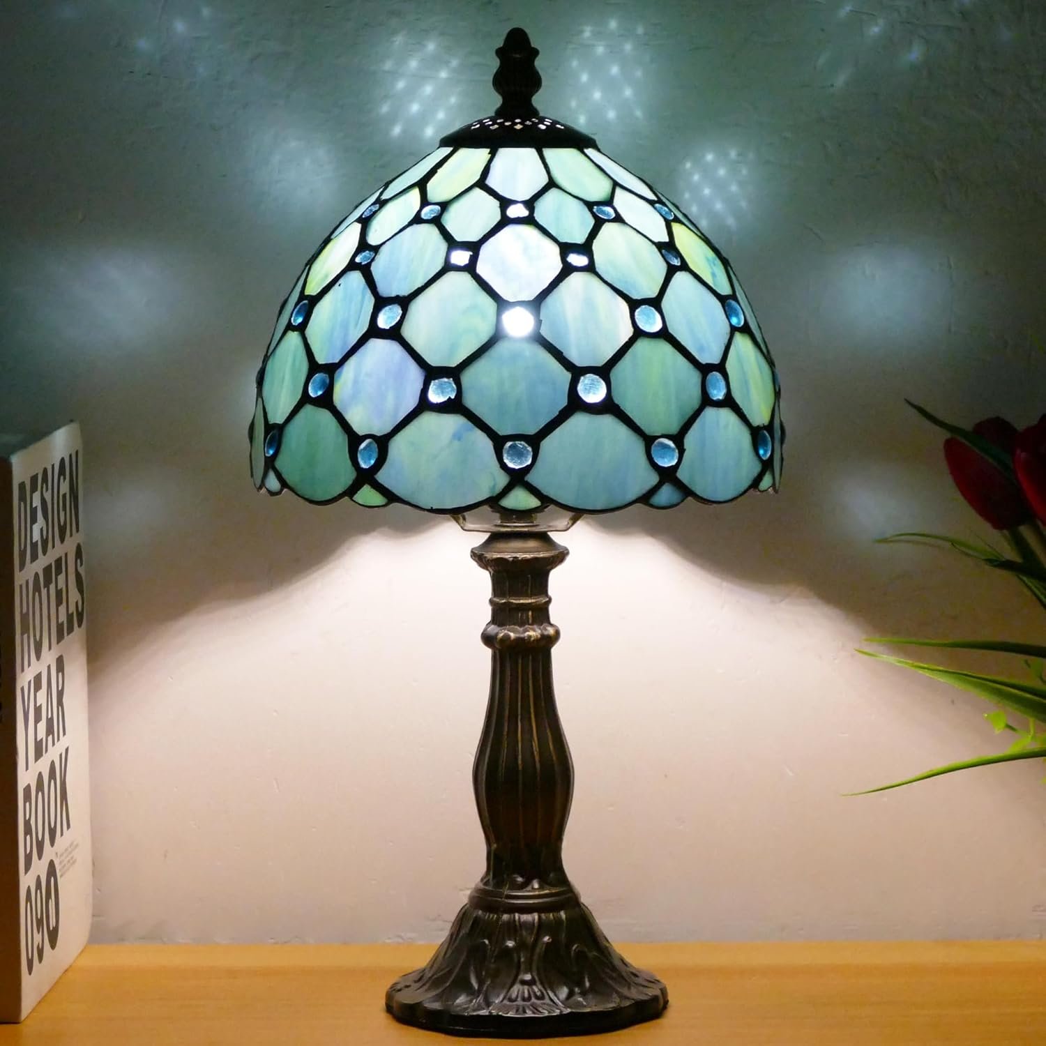 Small Tiffany Lamp Mini Stained Glass Table Lamp Sea Blue Pearl Style Bedside Accent Lamp Memory Sympathy 8X14.5 Inch