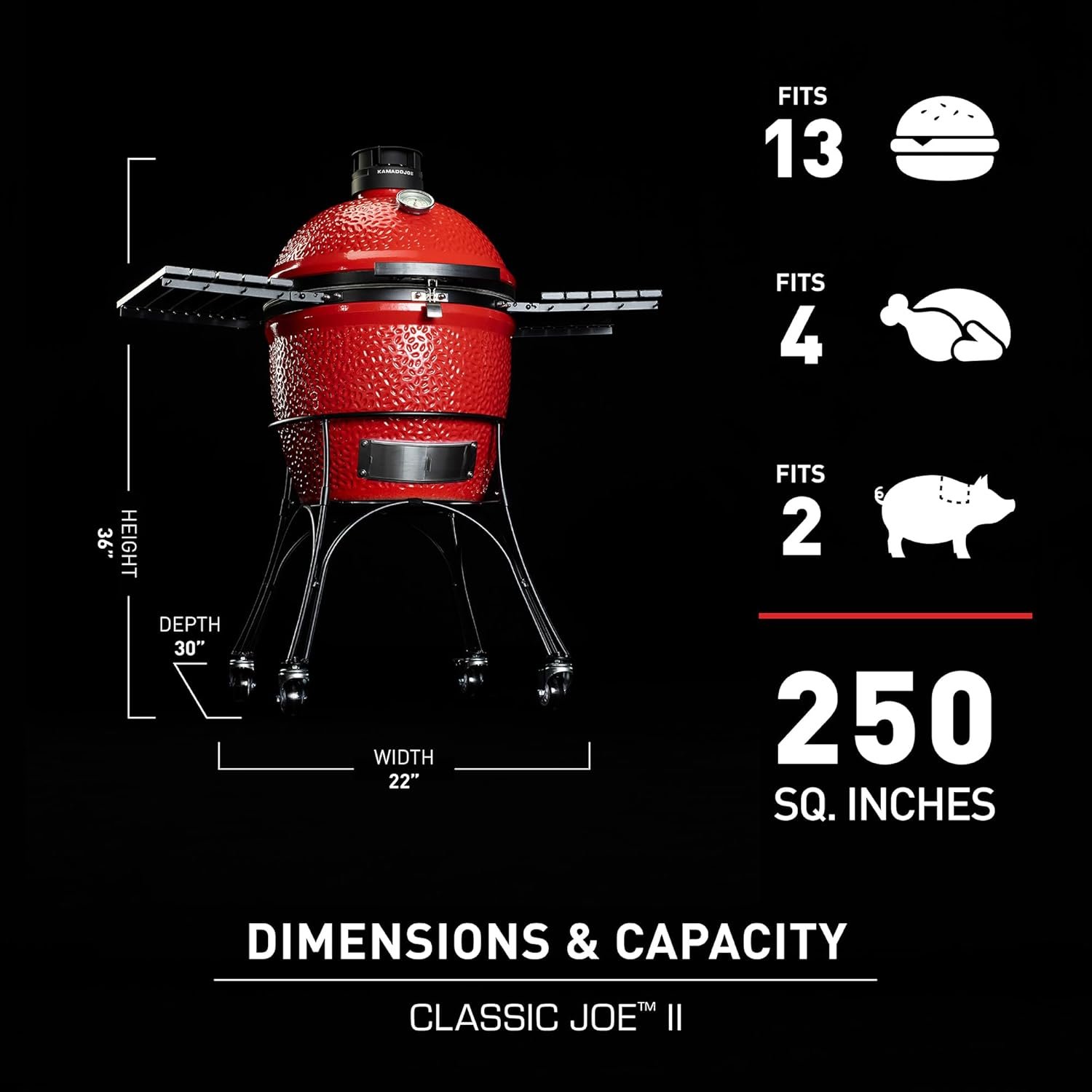 Kamado Joe Classic Joe Series II 18-inch Ceramic Charcoal Grill and Smoker with Cart, Side Shelves, Stainless Steel Grates and 250 Cooking Square Inches in Red, Model KJ-23RHC - Image 3