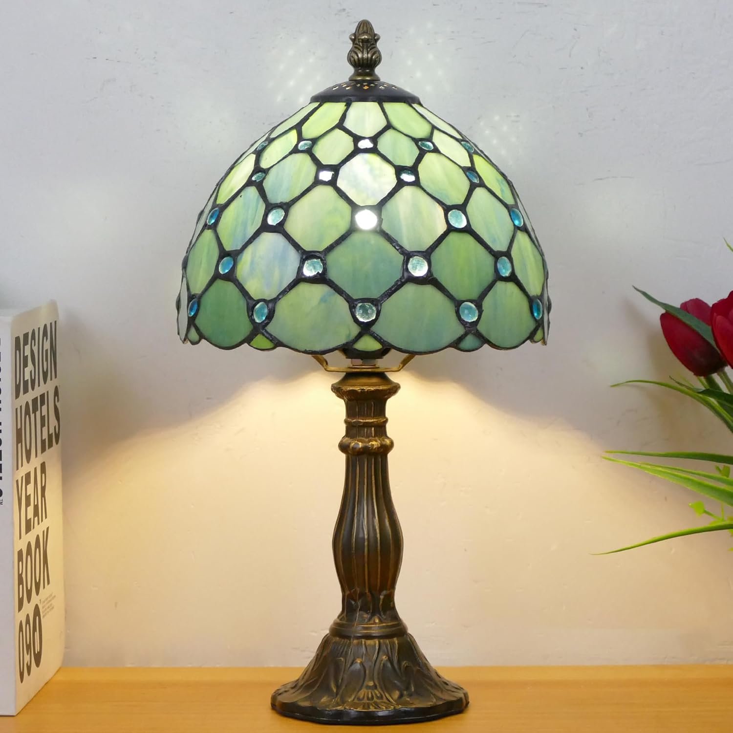 Small Tiffany Lamp Mini Stained Glass Table Lamp Sea Blue Pearl Style Bedside Accent Lamp Memory Sympathy 8X14.5 Inch - Image 5