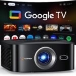 1500 ANSI Official Licensed Google TV Smart Projector, HAPPRUN 4K Full HD Home Theater with Auto Focus, Dolby Sound, Wi-Fi Bluetooth, Built-in Apps, Compatible with Phone & PC, Indoor & Outdoor Use