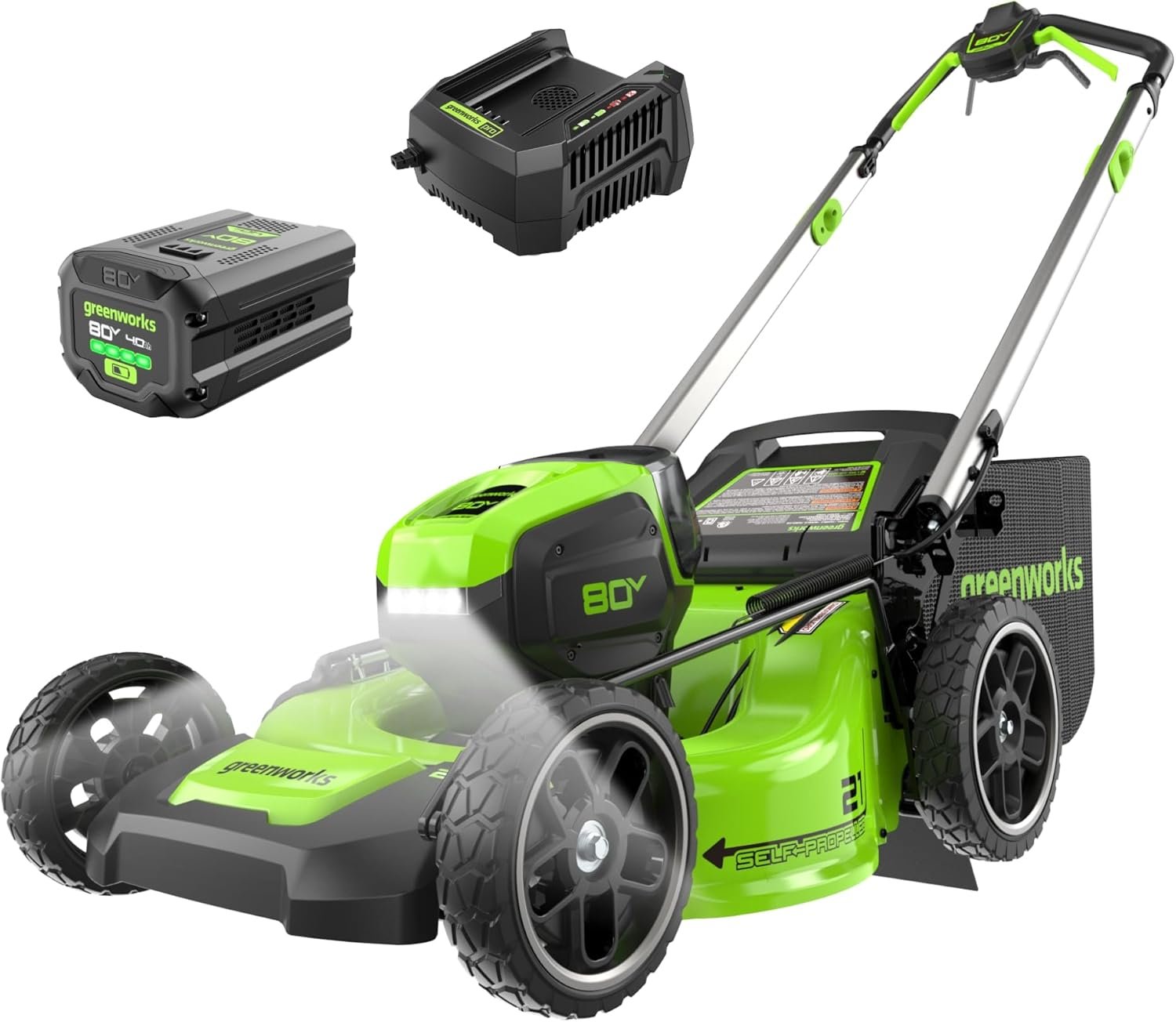 Greenworks 80V 21" Self-Propelled Cordless Lawn Mower – Brushless Motor, LED Lights, 4.0Ah Battery & Rapid Charger (75+ Compatible Tools)