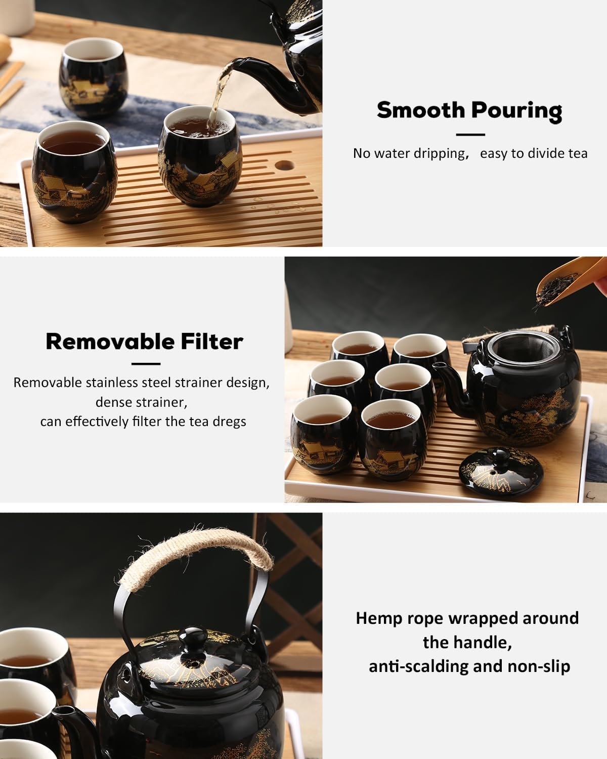 Dujust Japanese Tea Set, Black Porcelain Tea Set with 1 Teapot Set, 6 Tea Cups, 1 Tea Tray, 1 Stainless Infuser, Beautiful Asian Tea Sets for Adults, Tea Lover/Women/Men (Countryside in Golden) - Image 3