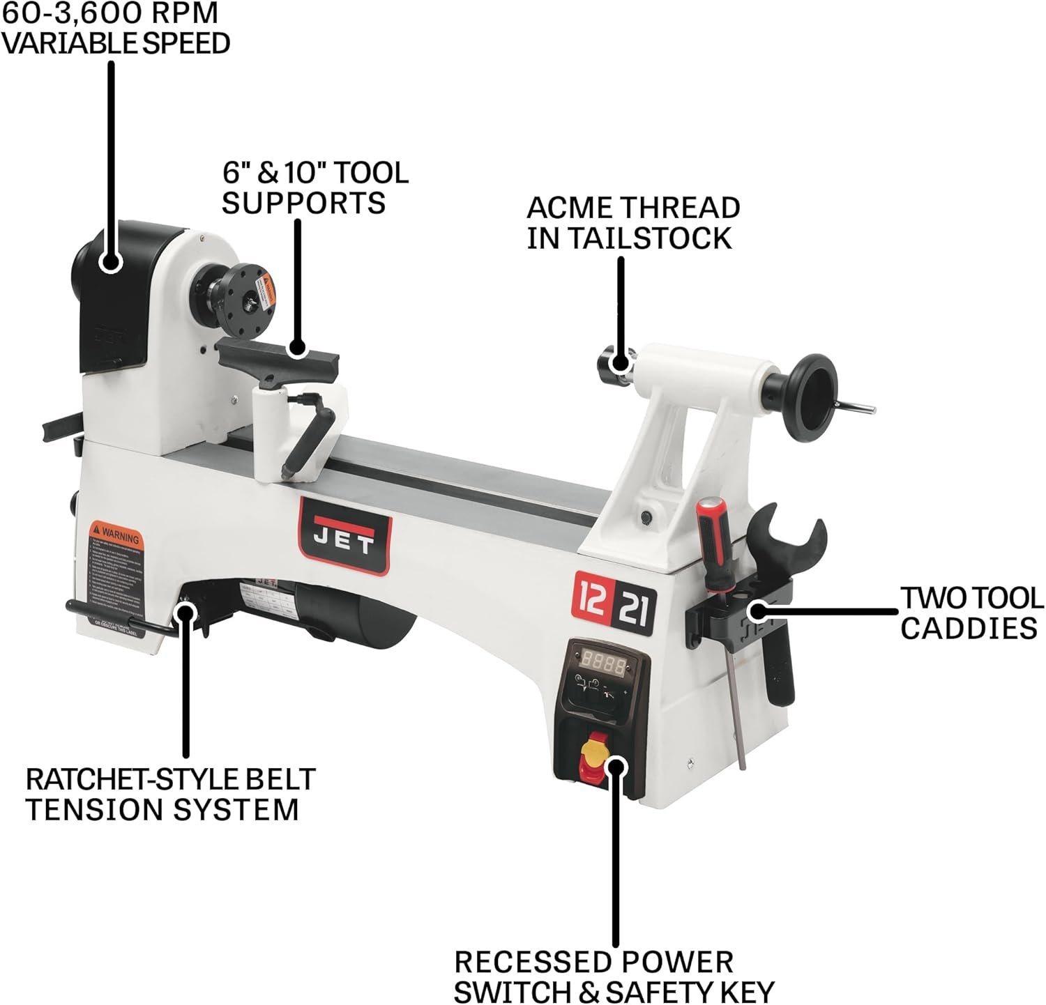 JET 12" x 21" Variable-Speed Woodworking Lathe, 1 HP, 115V 1Ph (JWL-1221VS) - Image 2