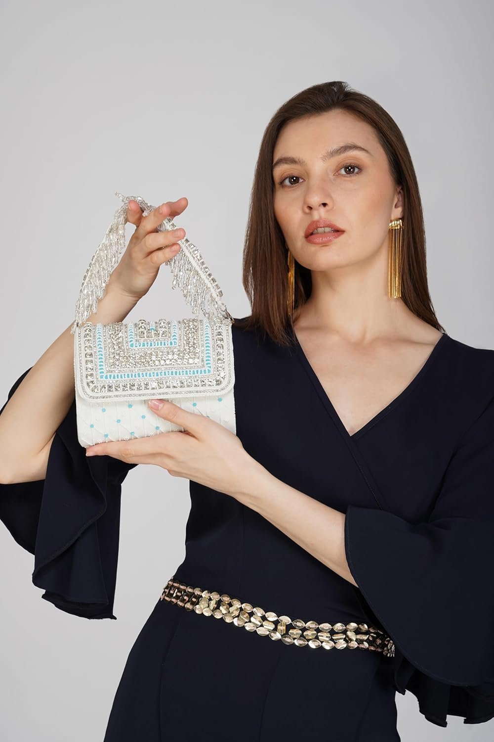 Handmade Beaded Crystal Evening Clutch with Magnetic Flap Closure for Women | Handcrafted Beaded, Crystal Embellished, Magnetic Flap Close, Lightweight Design, Fits Phone & Cards, Party & Wedding Use - Image 2