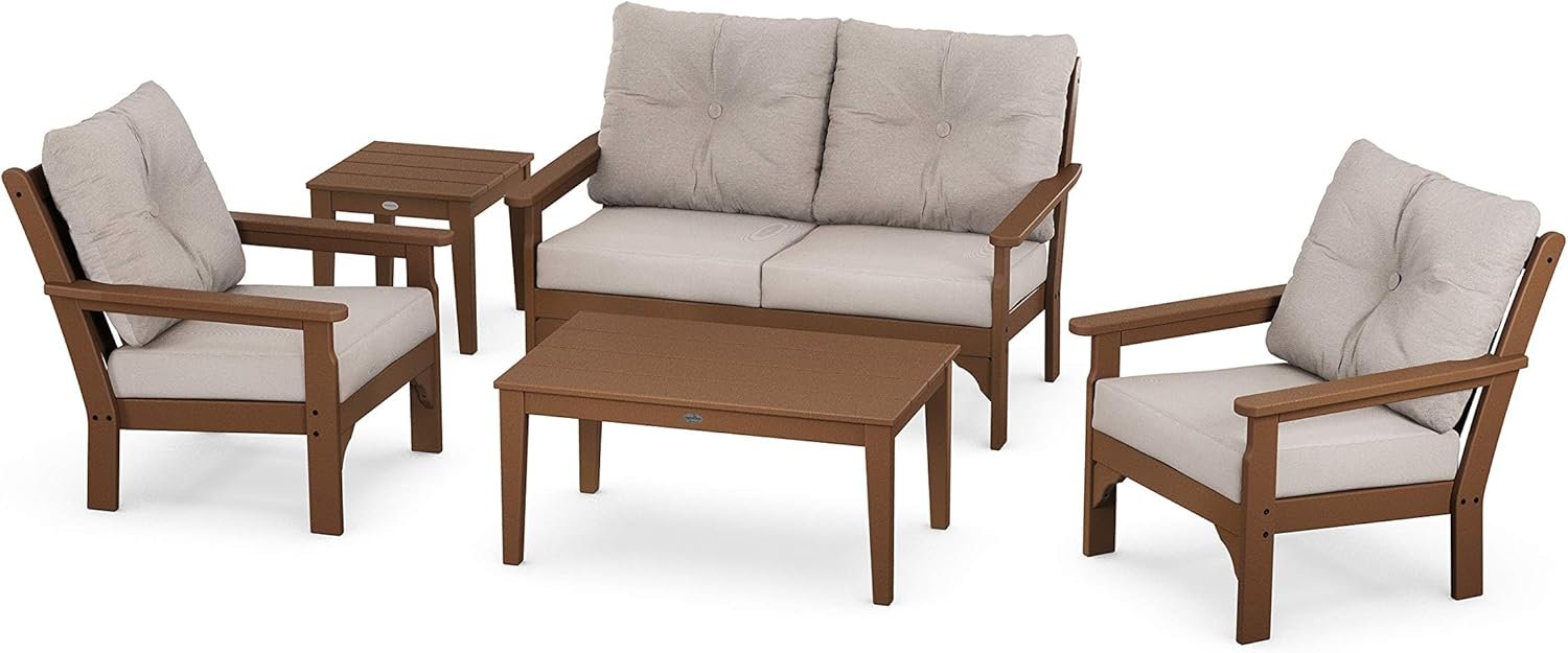 POLYWOOD® Vineyard 5-Piece Deep Seating Set in Teak/Dune Burlap