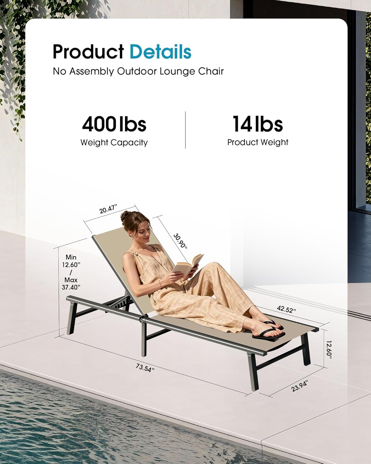 Ciokea Foldable Outdoor Lounge Chair, No Assembly Patio Chaise Lounge Outdoor with 5-Positions, Aluminum Pool Lounge Chair with Portable Design for Pool, Beach, Deck, Backyard, Khaki - Image 2