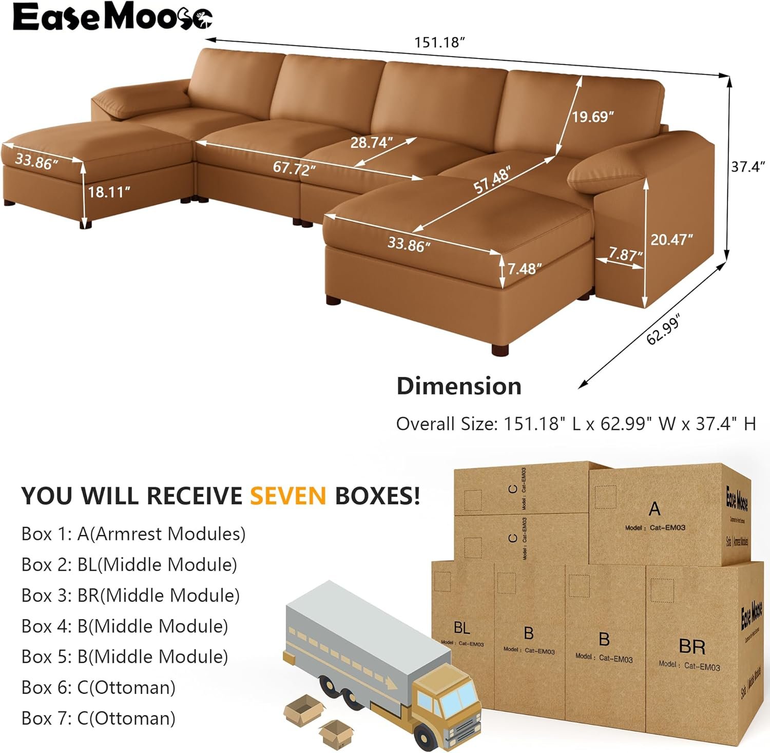 EASE MOOSE Brown Faux Leather Sectional Sofa,Leather Sectional Couch with Deep Seat,Extra Large U Shaped Couch,Oversized Modular Modern Scratch Resistant Sofas - Image 2