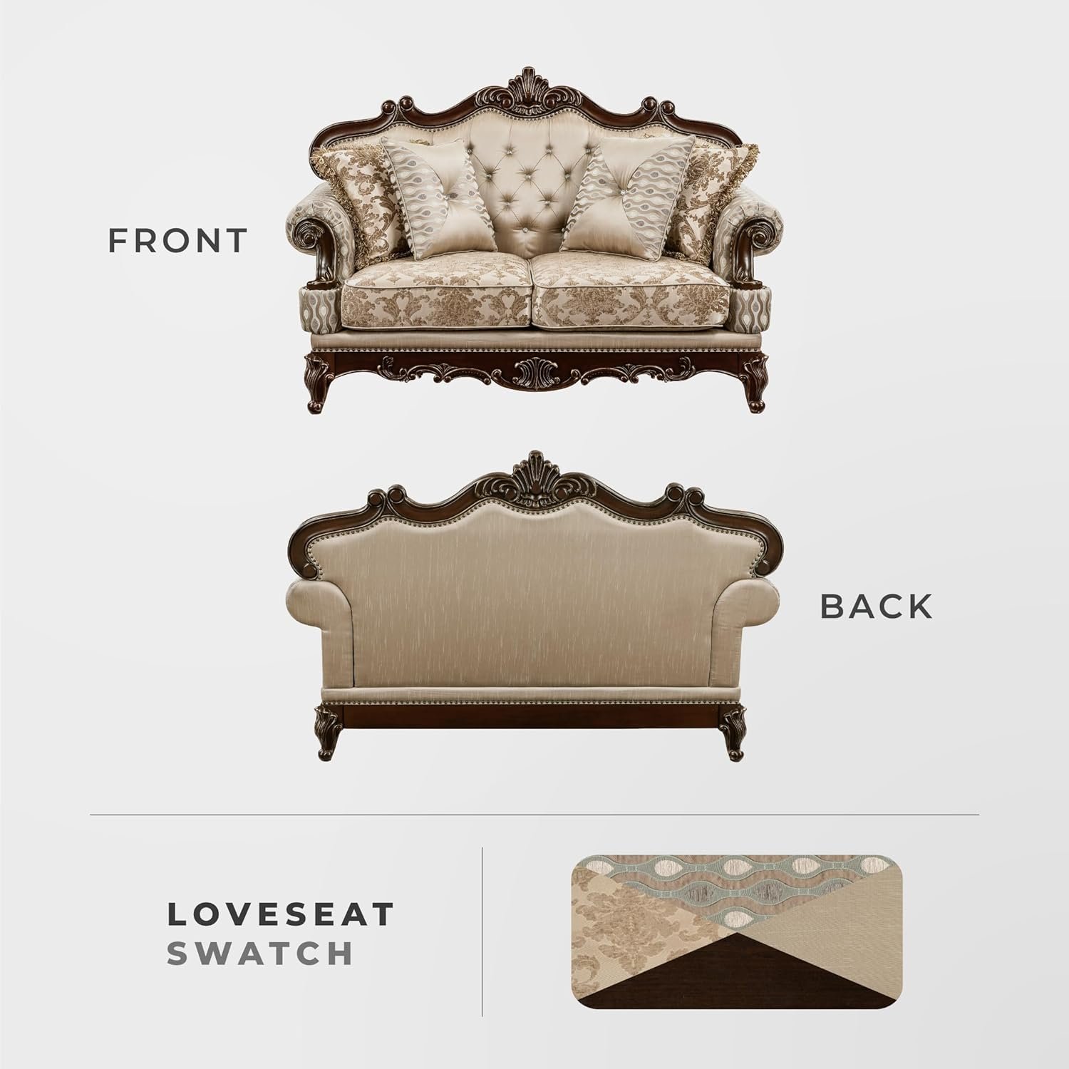 Lexicon Traditional Sofa Couch for Living Room, Rolled Arm Sofa with 4 Accent Pillows, Tufting, Queen Legs in Cherry Finish with Gold Tipping, Upholstered Living Room Furniture, 2 Seater Couch, Brown - Image 4