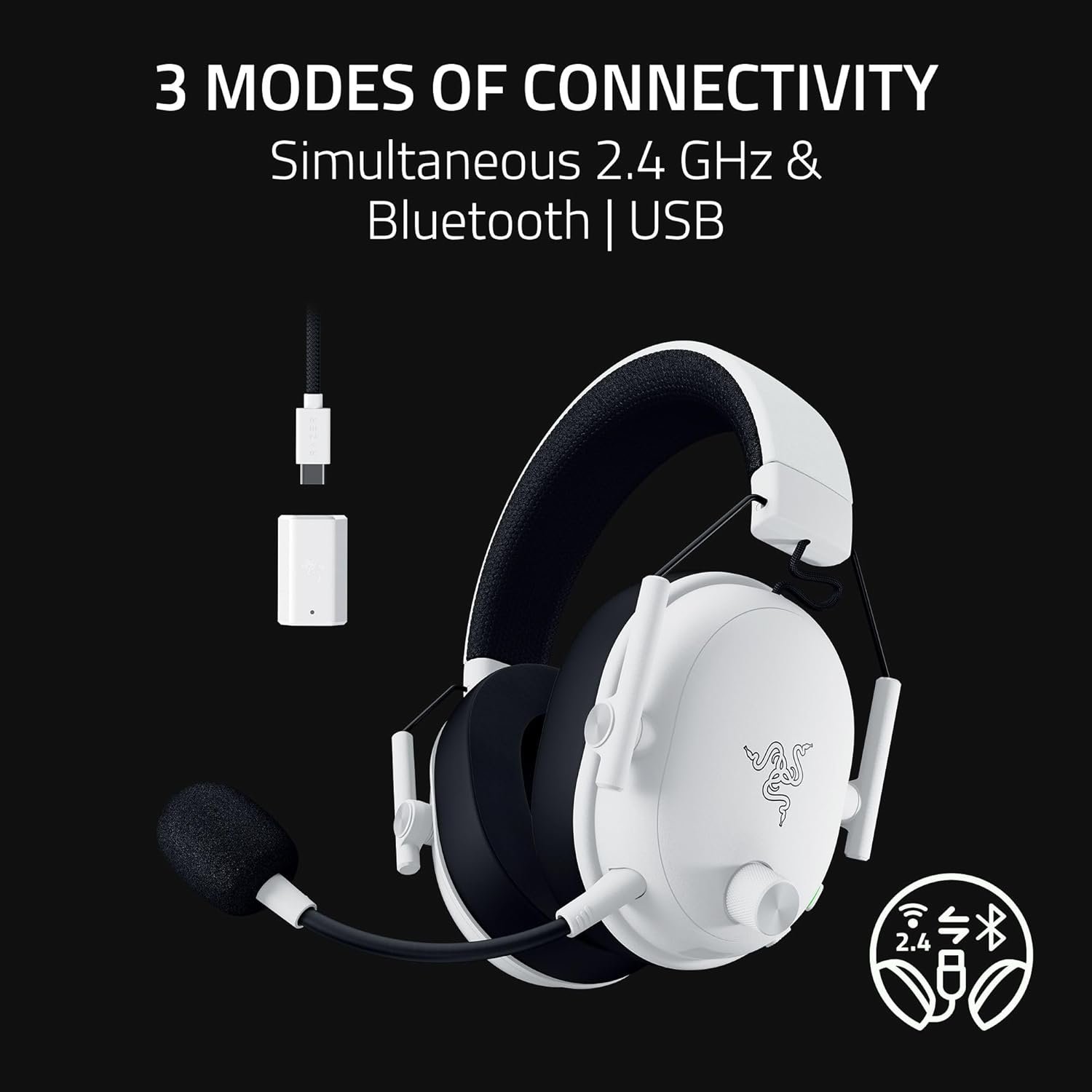 Razer BlackShark V3 Wireless Gaming Headset for PC: 50mm Drivers - Super Wideband Mic - 2.4 GHz, Bluetooth, USB - Works with Mac, PS5, Nintendo Switch, Smartphone - 70 Hr Battery - White - Image 6