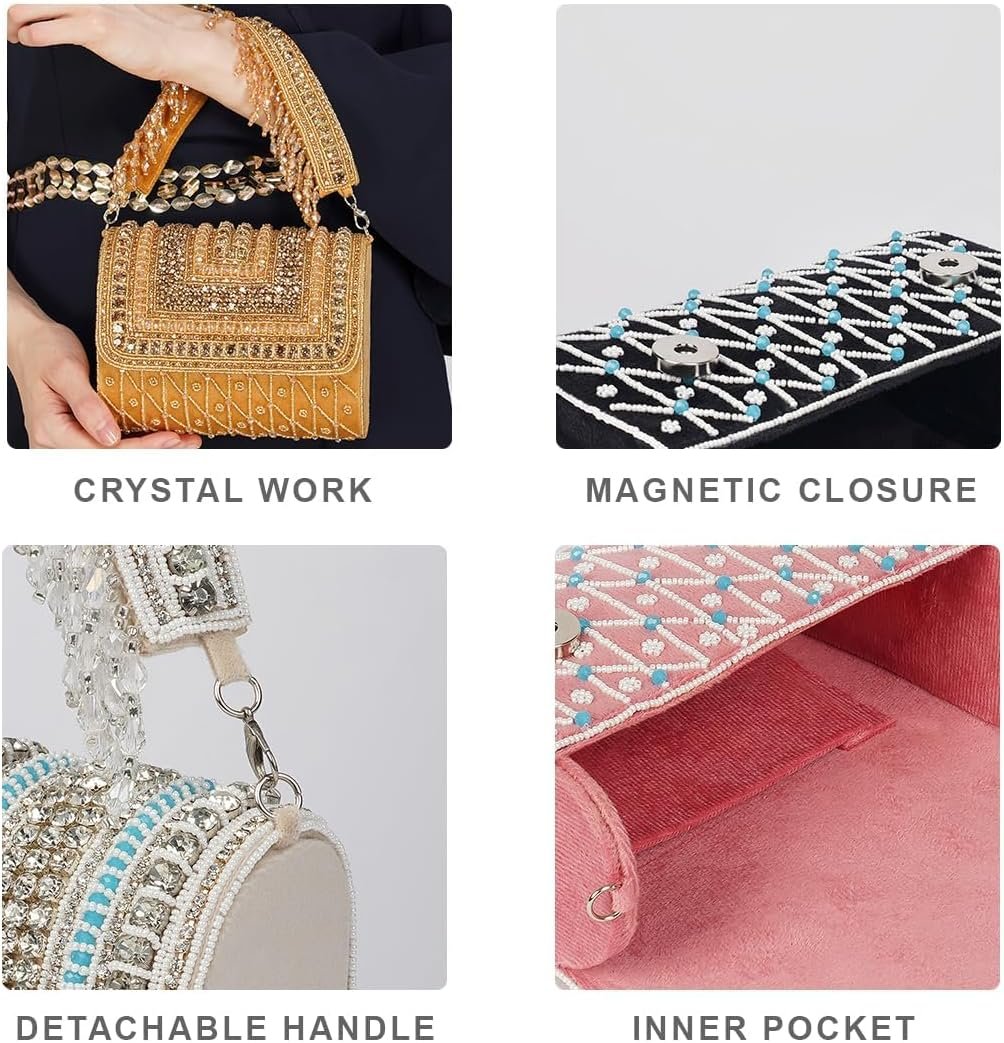 Handmade Beaded Crystal Evening Clutch with Magnetic Flap Closure for Women | Handcrafted Beaded, Crystal Embellished, Magnetic Flap Close, Lightweight Design, Fits Phone & Cards, Party & Wedding Use - Image 6