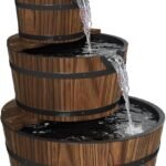Aoxun 3-Tier Outdoor Water Fountain, Wood Barrel Cascading with Electric Decorative Hand Pump, Rustic Waterfall Fountain for Garden, Backyard, Patio, Porch, Yard