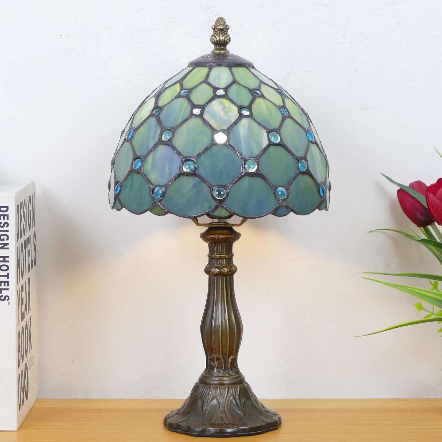 Small Tiffany Lamp Mini Stained Glass Table Lamp Sea Blue Pearl Style Bedside Accent Lamp Memory Sympathy 8X14.5 Inch - Image 6