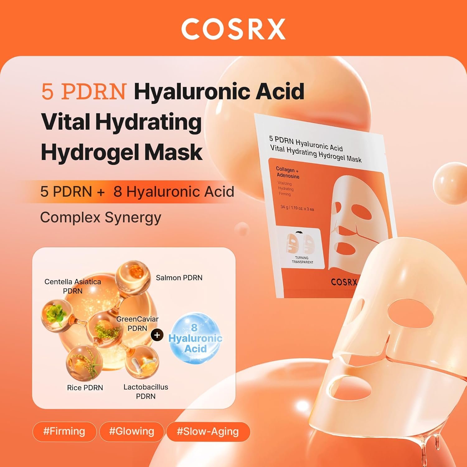 COSRX 5 PDRN Hyaluronic Acid Vital Hydrating Hydrogel Mask, Overnight Hydrogel Face Mask for Glass Glow Skin & Firming with Salmon DNA, Centella PDRN, Korean Skin Care (34g x 3ea) - Image 2