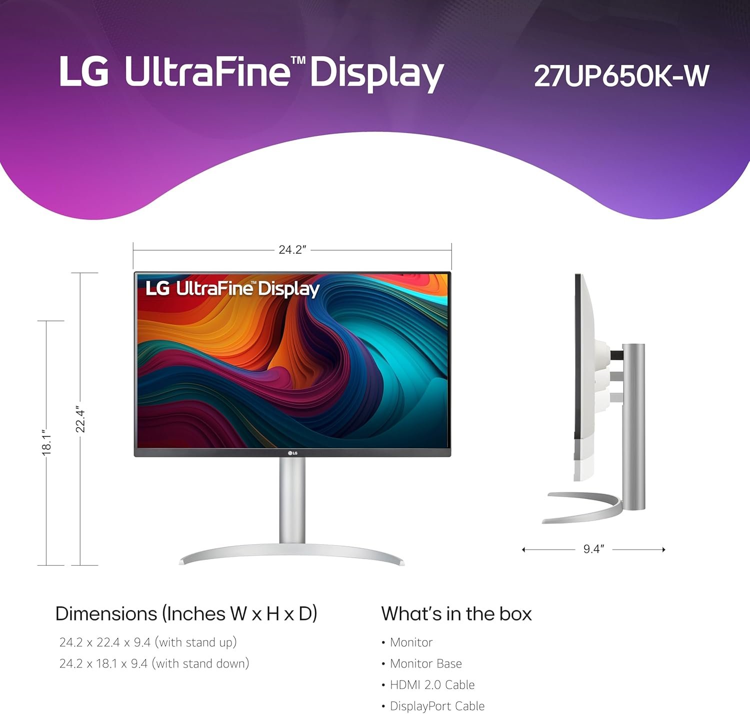 LG 27UP650K-W 27-inch Ultrafine 4K UHD (3840 x 2160) IPS Computer Monitor, 60Hz, 5ms, DisplayHDR 400, Reader Mode, Flicker Safe, HDMI, DisplayPort, Tilt/Height/Pivot Adjustable Stand, White - Image 3