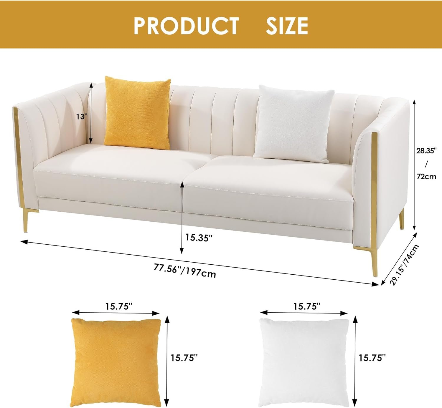 FOTOSOK 78'' Couch Sofa, Modern White Couches for Living Room with 2 Throw Pillows, Comfy Faux Leather Sofa 3 Seater with Gold Metal Legs, Cloud Sofas Couch Deep Seat Sofas (Cream White) - Image 2