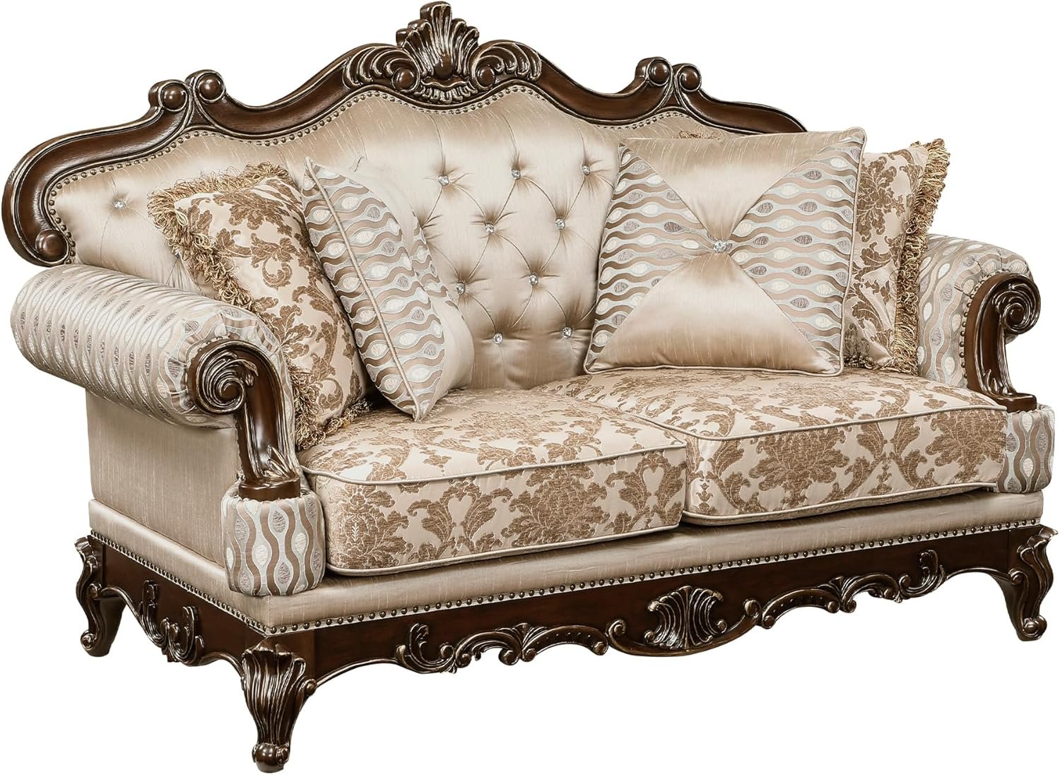 Lexicon Traditional Sofa Couch for Living Room, Rolled Arm Sofa with 4 Accent Pillows, Tufting, Queen Legs in Cherry Finish with Gold Tipping, Upholstered Living Room Furniture, 2 Seater Couch, Brown - Image 5