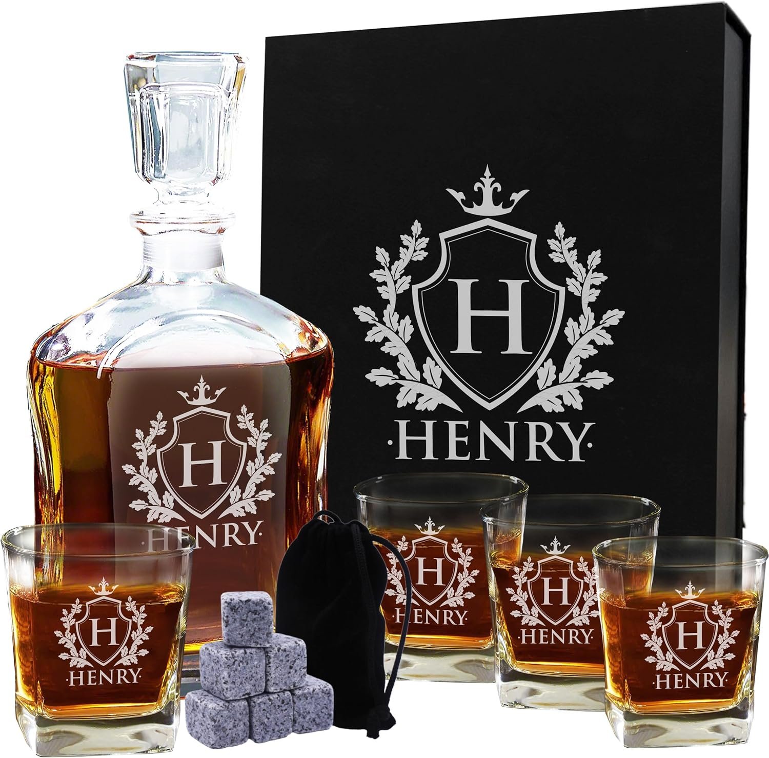 My Personal Memories, Personalized 5 pc Whiskey Decanter Set - Decanter and 4 Glasses Gift Set - Custom Engraved with Name and Initial (Shield Design)