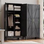 Metal Wardrobe Cabinet with Hanging Rod,Large 71" Armoire Wardrobe Closet with Adjustable Shelves and Doors,Farmhouse Metal Office Cabinets for Bedroom,Office,Employee(Black)