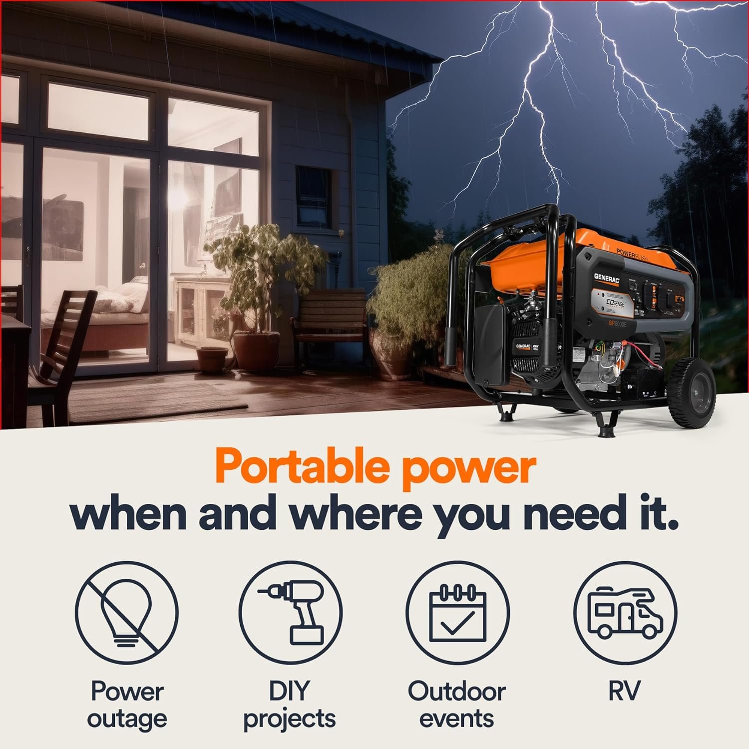 Generac 10,000 Starting Watt Portable Gas Generator - Electric Start - Home Backup or RV Ready - Heavy Duty Frame - Quiet, Long Runtime, Emergency Power - 49-State Compliant - Image 2