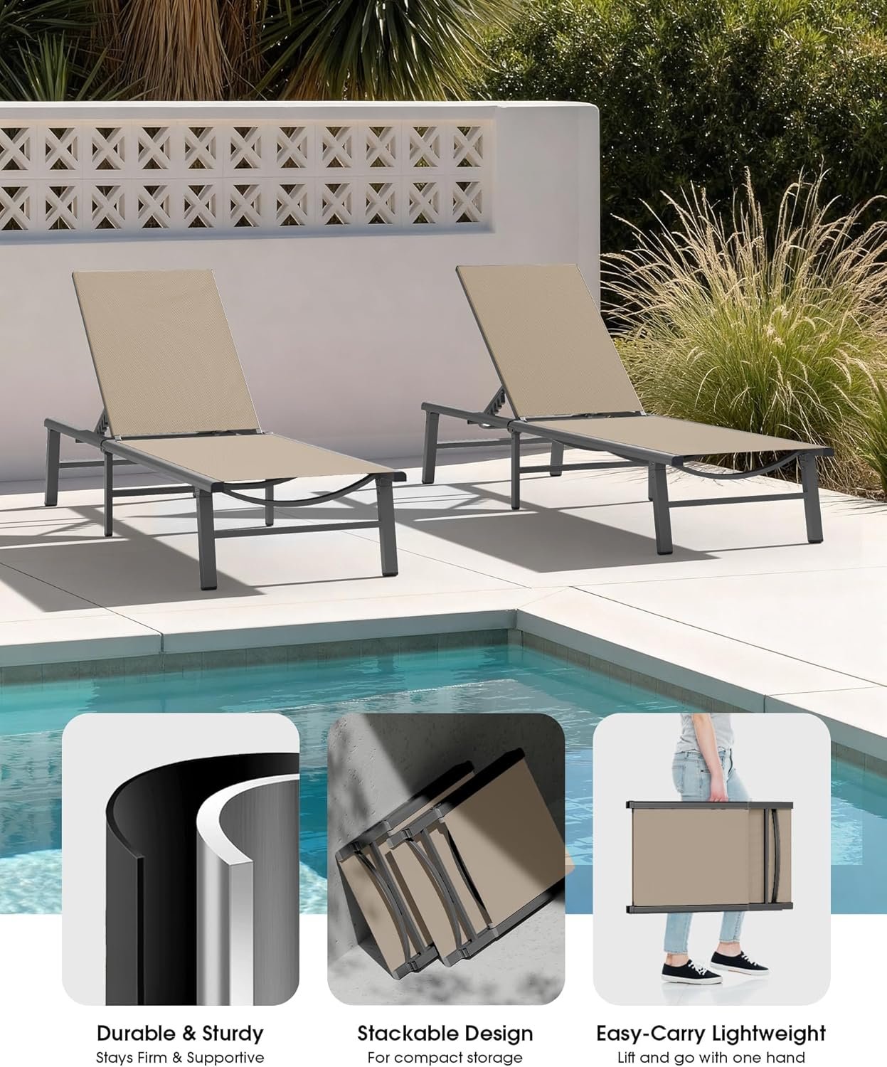 Ciokea Foldable Outdoor Lounge Chair, No Assembly Patio Chaise Lounge Outdoor with 5-Positions, Aluminum Pool Lounge Chair with Portable Design for Pool, Beach, Deck, Backyard, Khaki - Image 5