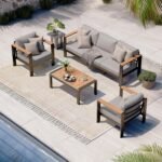 Aluminum Outdoor Patio Furniture Set with Coffee Table, 4 Piece Patio Conversation Sets with Washable Thick Cushions, Outdoor Sectional Furniture Set for Poolside, Balcony, Deck, Gray