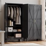 Metal Armoire Wardrobe Closet with Hanging Rod,71H Metal Cabinet with Doors and Shelves,Freestanding Bedroom Armoire Closet,Storage Cabinets for Bedroom,Office,Laundry Room(Black)