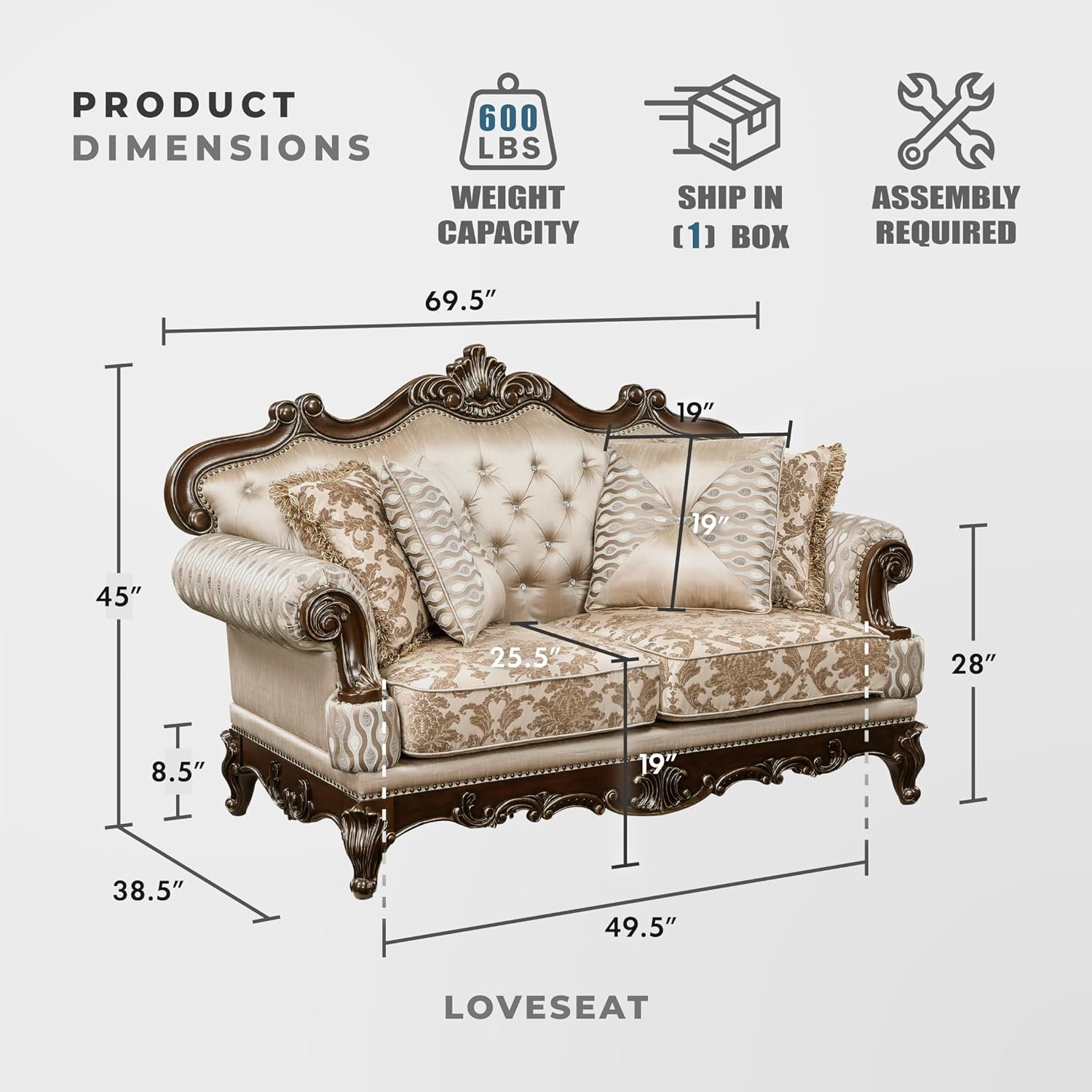 Lexicon Traditional Sofa Couch for Living Room, Rolled Arm Sofa with 4 Accent Pillows, Tufting, Queen Legs in Cherry Finish with Gold Tipping, Upholstered Living Room Furniture, 2 Seater Couch, Brown - Image 2
