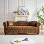 Modern Chesterfield Sofa Couch, 85.5-inch Faux Leather 3-Seater Sofa with Rolled Arms and Tufted Button for Living Room, Office, Brown