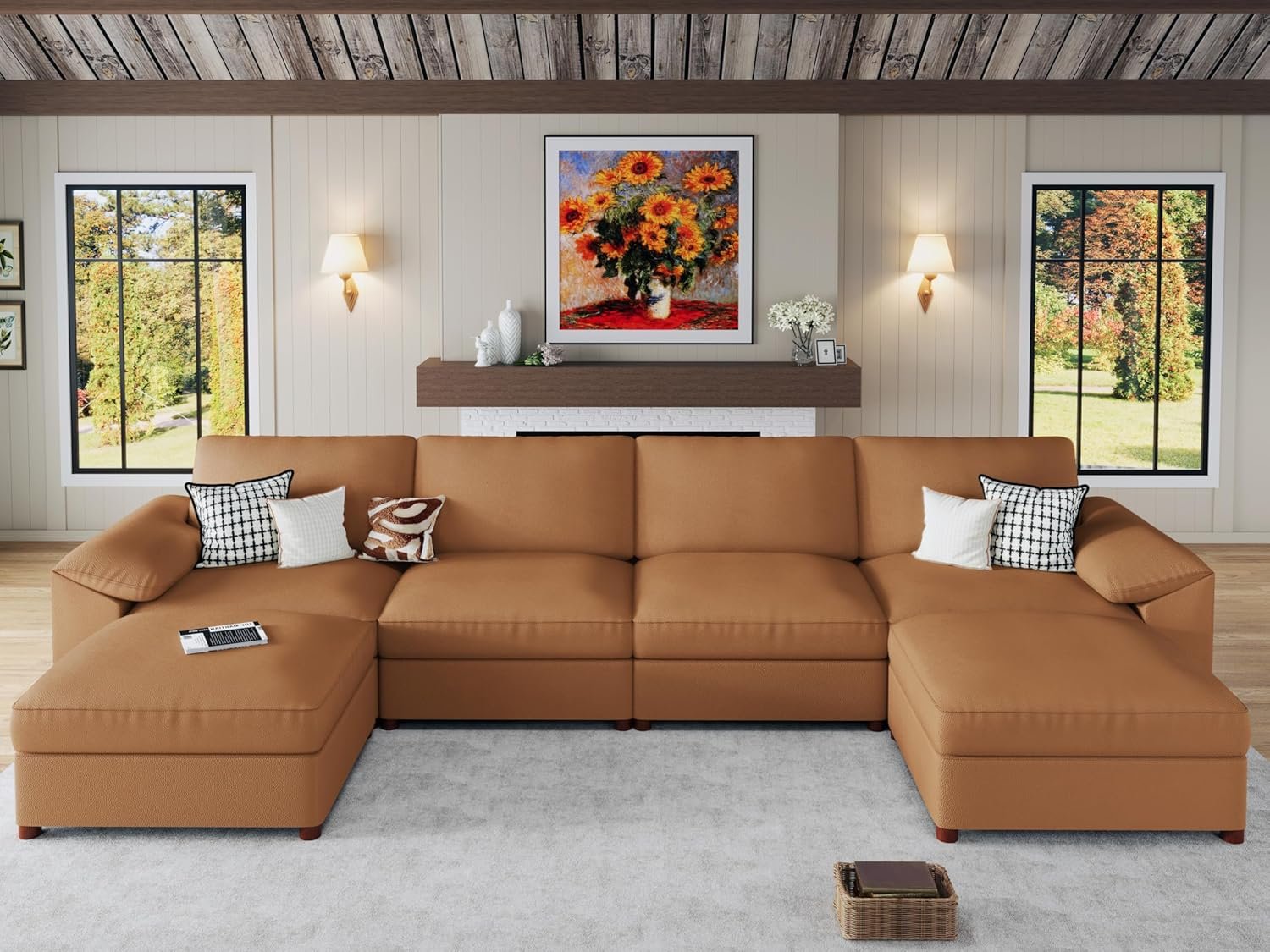 EASE MOOSE Brown Faux Leather Sectional Sofa,Leather Sectional Couch with Deep Seat,Extra Large U Shaped Couch,Oversized Modular Modern Scratch Resistant Sofas