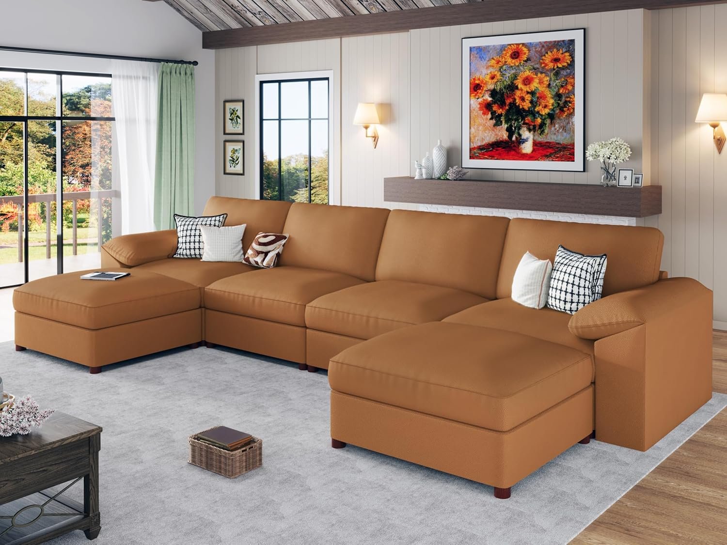 EASE MOOSE Brown Faux Leather Sectional Sofa,Leather Sectional Couch with Deep Seat,Extra Large U Shaped Couch,Oversized Modular Modern Scratch Resistant Sofas - Image 7