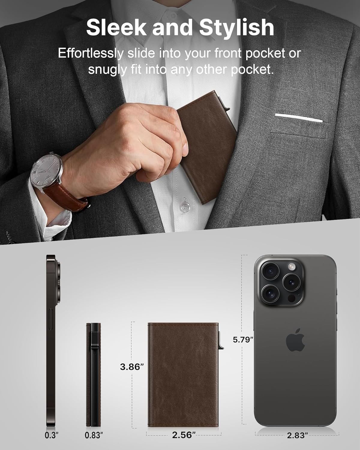 typecase Mens Wallet Card Holder: Pop Up Aluminum Case, Genuine Leather, Smart, RFID Blocking, Slim, Minimalist, Front Pocket - 9-14 Card Capacity | ID Window | Cash Slot (Black Brown) - Image 4