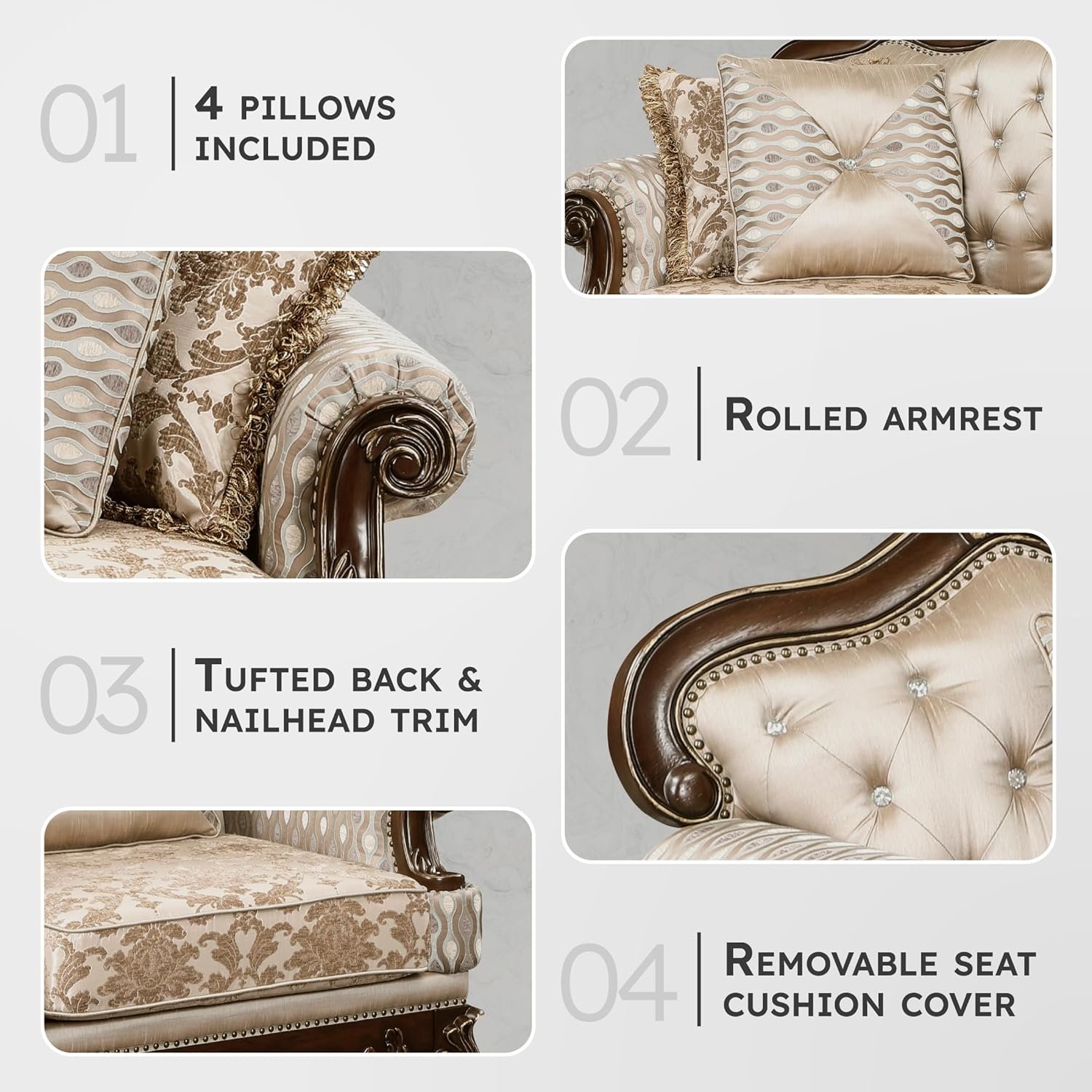 Lexicon Traditional Sofa Couch for Living Room, Rolled Arm Sofa with 4 Accent Pillows, Tufting, Queen Legs in Cherry Finish with Gold Tipping, Upholstered Living Room Furniture, 2 Seater Couch, Brown - Image 3