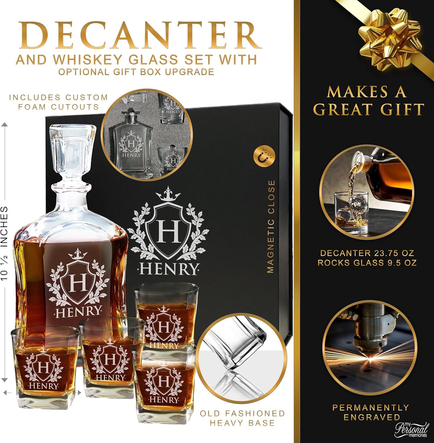 My Personal Memories, Personalized 5 pc Whiskey Decanter Set - Decanter and 4 Glasses Gift Set - Custom Engraved with Name and Initial (Shield Design) - Image 2