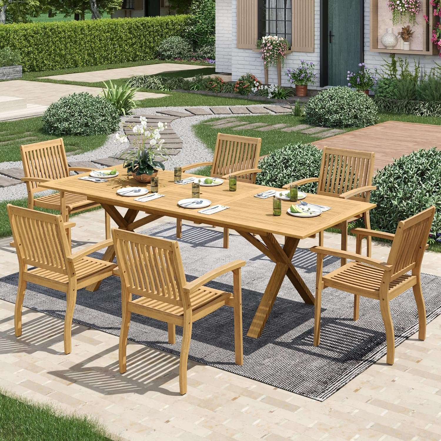 Acacia Wood Outdoor Dining Set, 7 Pieces Patio Dining Table and Chairs Set, Expandable Dining Table(1.97" Umbrella Hole) and 6 Wooden Chairs, Patio Furniture Set for Deck Poolside Backyard