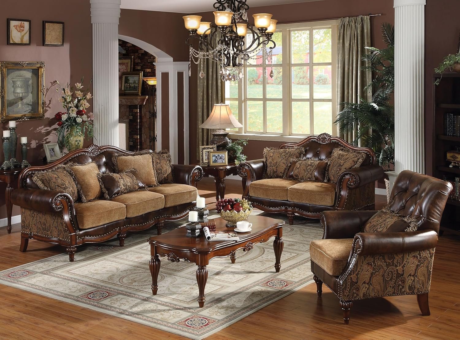 Brand 4-Piece Formal Living Room Set: Luxury Sofa, Loveseat, Single Chair and Coffee Table - Brown and Chenille