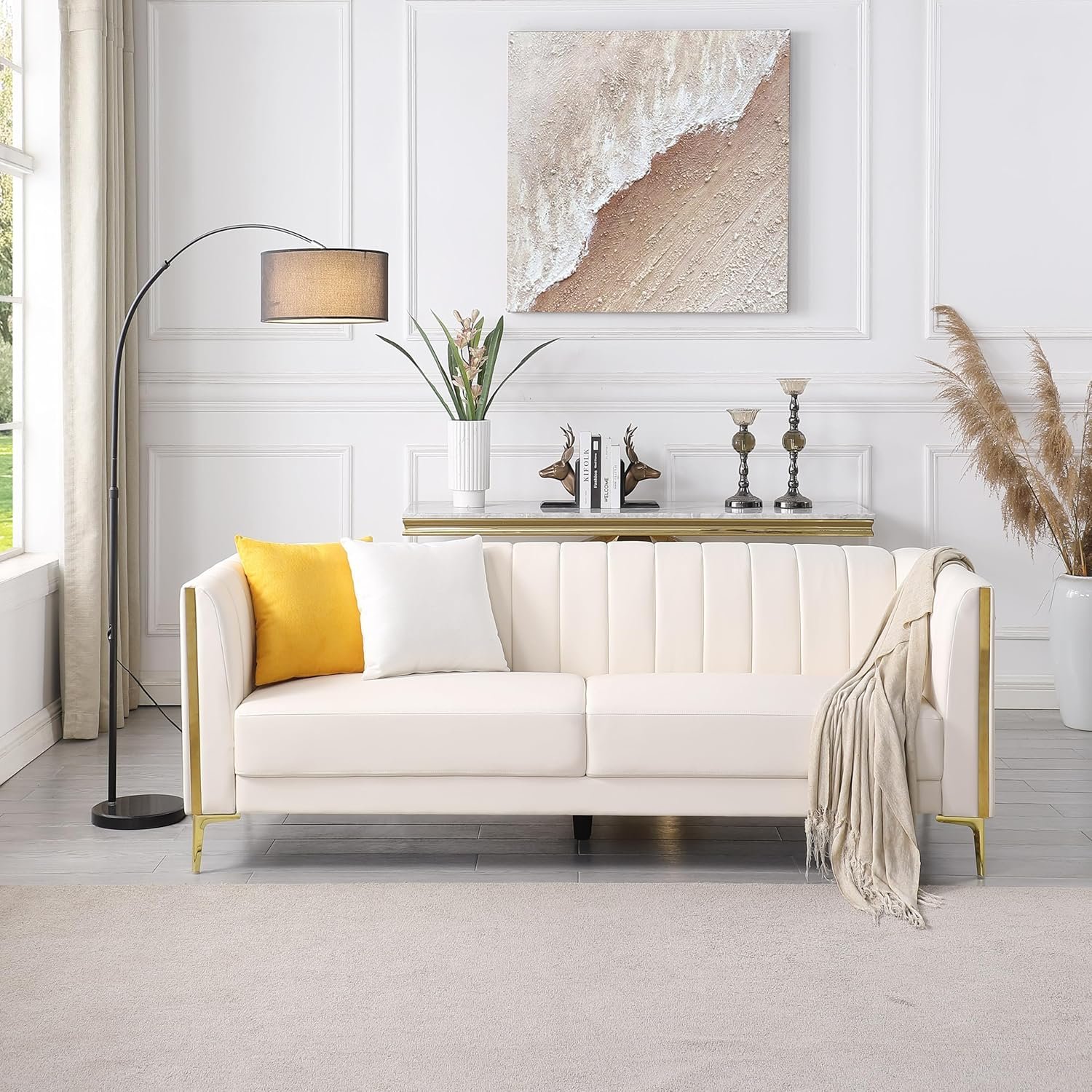 FOTOSOK 78'' Couch Sofa, Modern White Couches for Living Room with 2 Throw Pillows, Comfy Faux Leather Sofa 3 Seater with Gold Metal Legs, Cloud Sofas Couch Deep Seat Sofas (Cream White) - Image 4