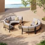 Outdoor Patio Furniture Set, 7 Piece Aluminum Curved Outdoor Sectional Sofas with Modular Coffee Table, PE Rope Patio Conversation Sets, All-Weather Patio Sofa Sets with Cushions, Gray