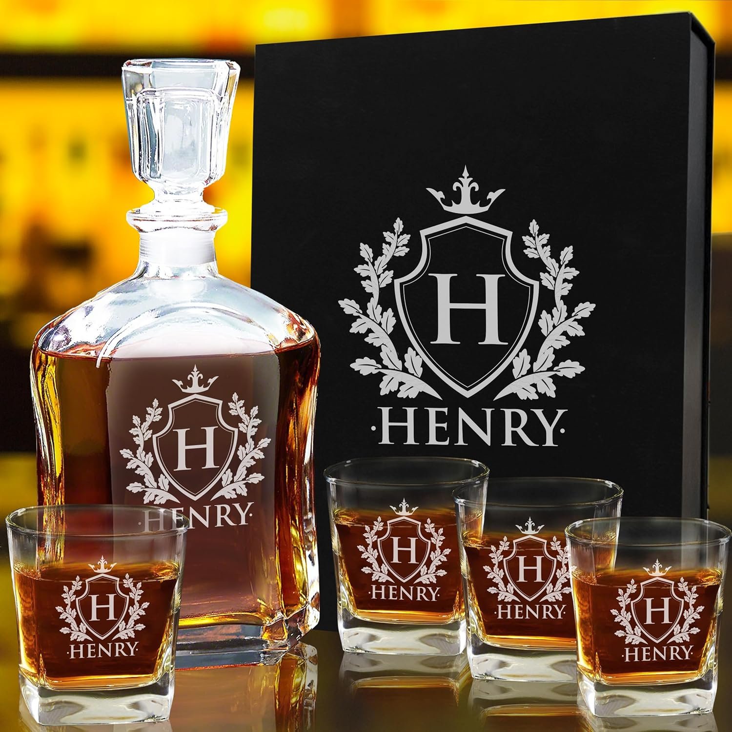 My Personal Memories, Personalized 5 pc Whiskey Decanter Set - Decanter and 4 Glasses Gift Set - Custom Engraved with Name and Initial (Shield Design) - Image 6