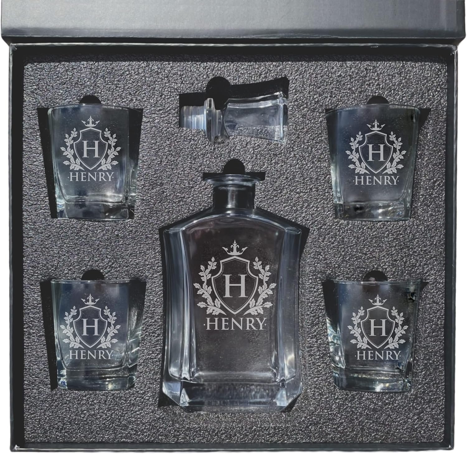 My Personal Memories, Personalized 5 pc Whiskey Decanter Set - Decanter and 4 Glasses Gift Set - Custom Engraved with Name and Initial (Shield Design) - Image 4