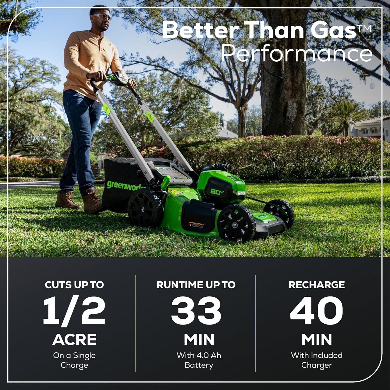 Greenworks 80V 21" Self-Propelled Cordless Lawn Mower – Brushless Motor, LED Lights, 4.0Ah Battery & Rapid Charger (75+ Compatible Tools) - Image 3